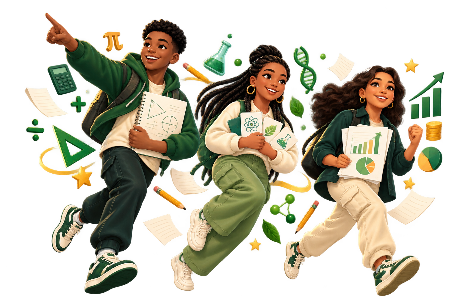 Three diverse Grade 12 learners moving through a playful world of Mathematics, Science and Commerce